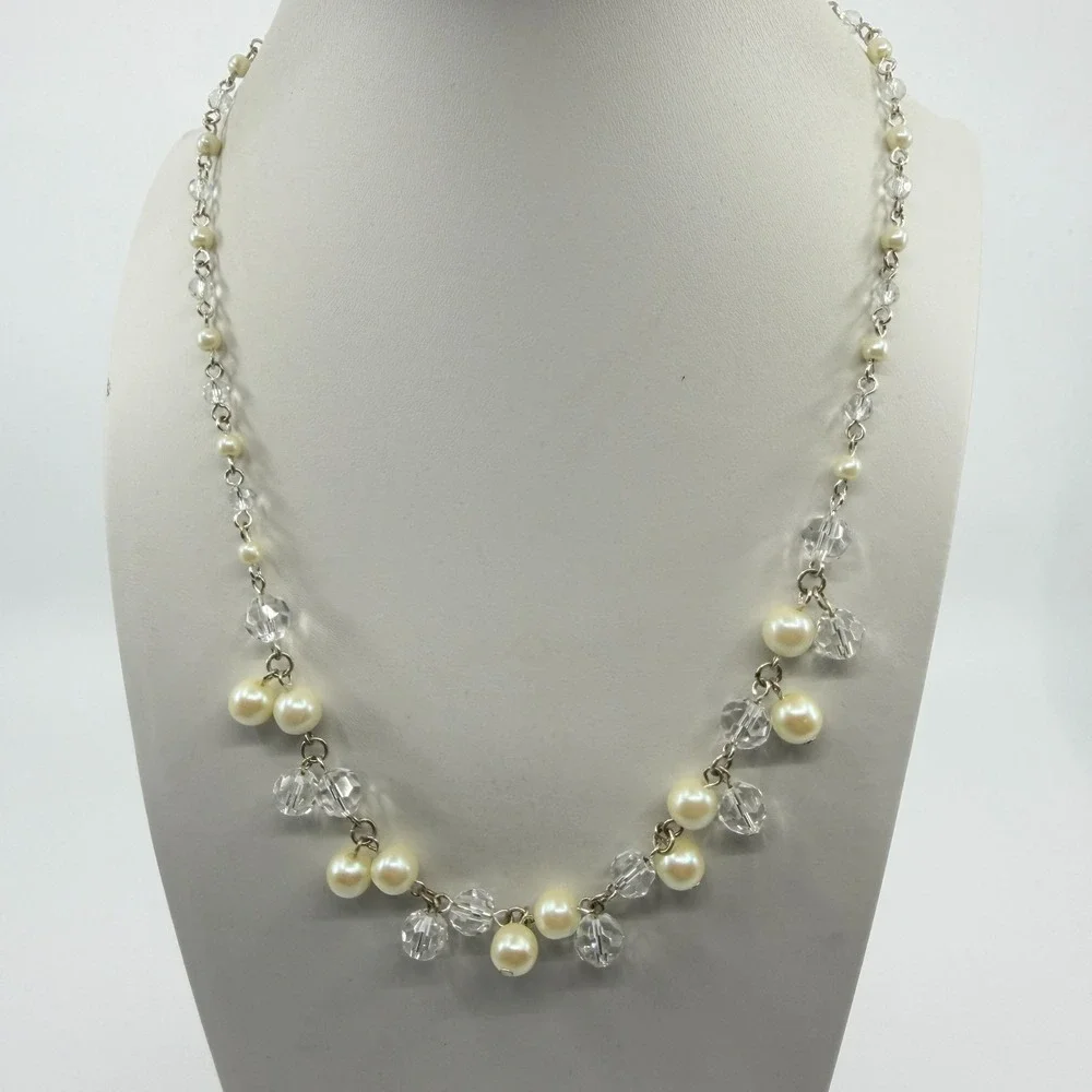 Elegant Faux Pearl & Clear Crystal Bead Statement Necklace Cottagecore Romantic